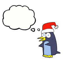 freehand drawn thought bubble cartoon christmas penguin