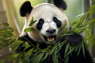 Panda eating bamboo shoots and leaves. panda chews bamboo. Panda bear eating bamboo leaves