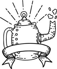 scroll banner with black line work tattoo style old coffee pot steaming
