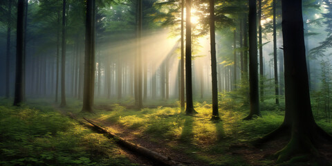 beautiful magic forest in the sunny foggy view. Sunlight in the green forest.