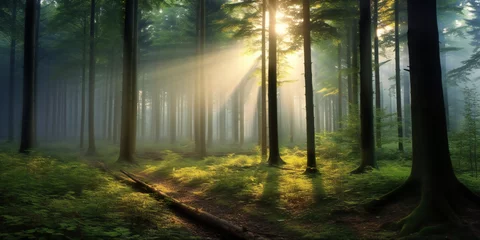 Foto op Aluminium beautiful magic forest in the sunny foggy view. Sunlight in the green forest. © kilimanjaro 