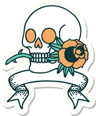 tattoo style sticker with banner of a skull and rose