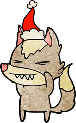 angry wolf hand drawn textured cartoon of a wearing santa hat