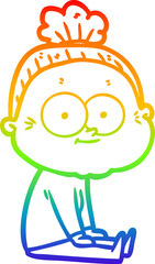 rainbow gradient line drawing of a cartoon happy old woman