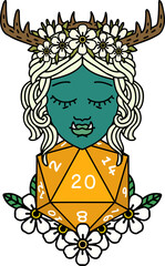 Retro Tattoo Style half orc druid with natural twenty dice roll