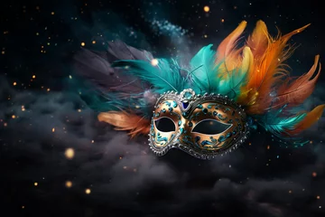 Fotobehang carnival mask with feathers, bright luxury masquerade mask on festive background © Svetlana