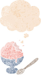 cartoon ice cream dessert with thought bubble in grunge distressed retro textured style