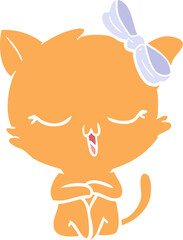 flat color style cartoon cat with bow on head