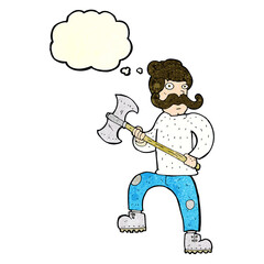 cartoon man with axe with thought bubble