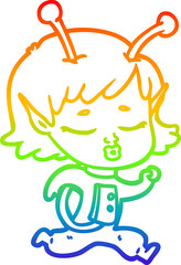 rainbow gradient line drawing of a cartoon alien girl