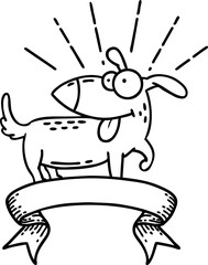 scroll banner with black line work tattoo style happy dog