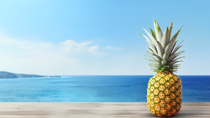 Table with a pineapple with view sea ocean and clear summer sky, copy space,PPT background