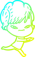 cold gradient line drawing of a cartoon happy woman