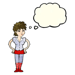 cartoon woman with hands on hips with thought bubble