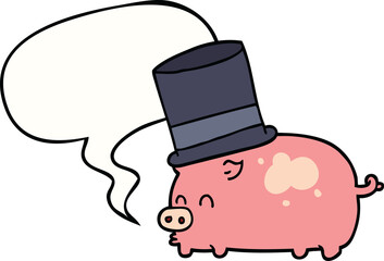 cartoon pig wearing top hat with speech bubble