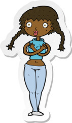 sticker of a cartoon offended woman covering herself