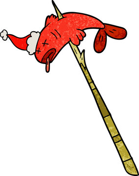recommend clip art: hand drawn textured cartoon of a fish speared wearing santa hat