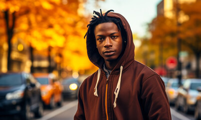 Young African American man in a hoodie standing confidently on a city street with vibrant autumn...
