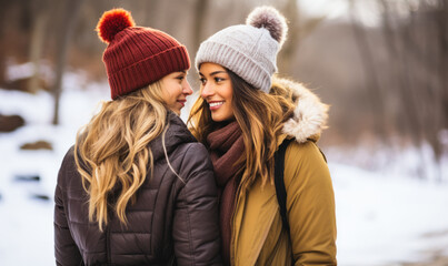 Joyful lesbian couple in winter attire warmly embracing each other during a serene walk in a snow-covered park, showcasing love and connection