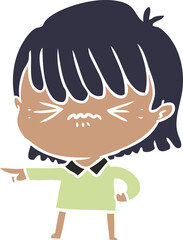 annoyed flat color style cartoon girl making accusation