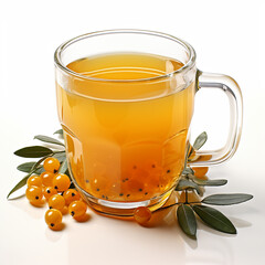 A mug of tea with sea buckthorn berries.