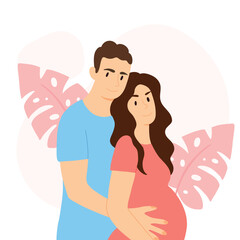 Happy family expecting a child. Vector illustration of husband and pregnant wife. Baby waiting concept.