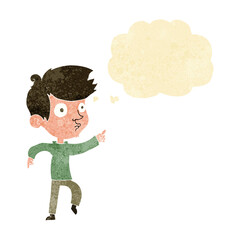cartoon pointing boy with thought bubble