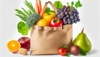 Paper bag with vegetables and fruits on white background. Vegetarian food