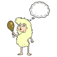 freehand drawn thought bubble cartoon cavewoman with meat