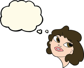 cartoon happy woman with thought bubble