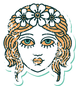 iconic distressed sticker tattoo style image of female face with crown of flowers