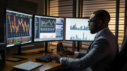 Fototapeta na wymiar Stock Trader Man Using Multiple Monitors while working at office.