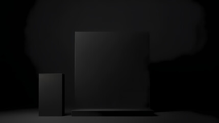 black color blank product stands on black background for presentation with copy space