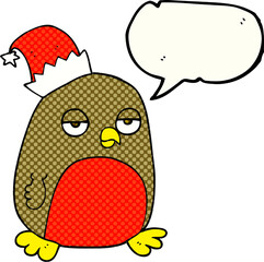 freehand drawn comic book speech bubble cartoon christmas robin wearing christmas hat