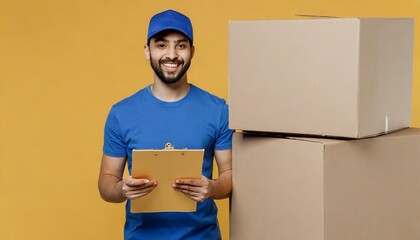 Delivery guy employee man wear blue cap t-shirt uniform workwear work as dealer courier hold clipboard with papers document cardboard box isolated	
