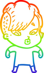 rainbow gradient line drawing of a cartoon surprised girl