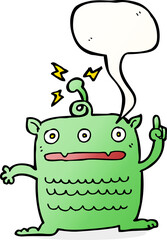 cartoon weird little alien with speech bubble