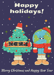 Vintage New Year and Christmas card,poster,print.Cartoon characters:funny planet earth and a Christmas tree in a winter hat, gloves,ugg boots and a warm scarf,on a dark background. Vector illustration