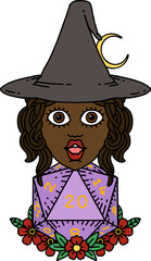 Retro Tattoo Style human witch with natural twenty dice roll