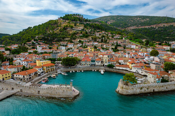 Aerial drone photo of the iconic  nafaktos city and the Venetian port, famous for the battle of...