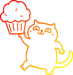 warm gradient line drawing of a cartoon cat with cupcake