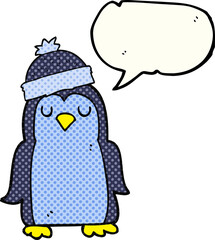 freehand drawn comic book speech bubble cartoon penguin