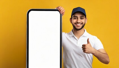  Great Application Concept. Delivery worker guy standing near big smartphone gesturing thumbs up advertising and approving new app for cellphone over yellow background. Online assistant.