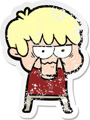 distressed sticker of a annoyed cartoon boy