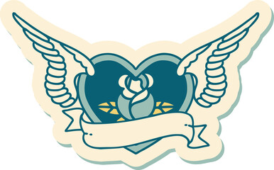 sticker of tattoo in traditional style of a flying heart with flowers and banner