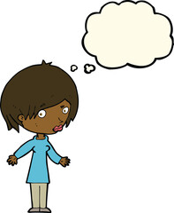 cartoon woman shrugging shoulders with thought bubble