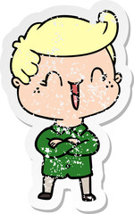 distressed sticker of a cartoon laughing boy crossing arms