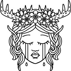 Black and White Tattoo linework Style crying elf druid character face