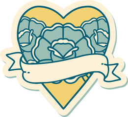 sticker of tattoo in traditional style of a heart and banner with flowers