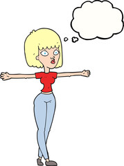 freehand drawn thought bubble cartoon woman spreading arms